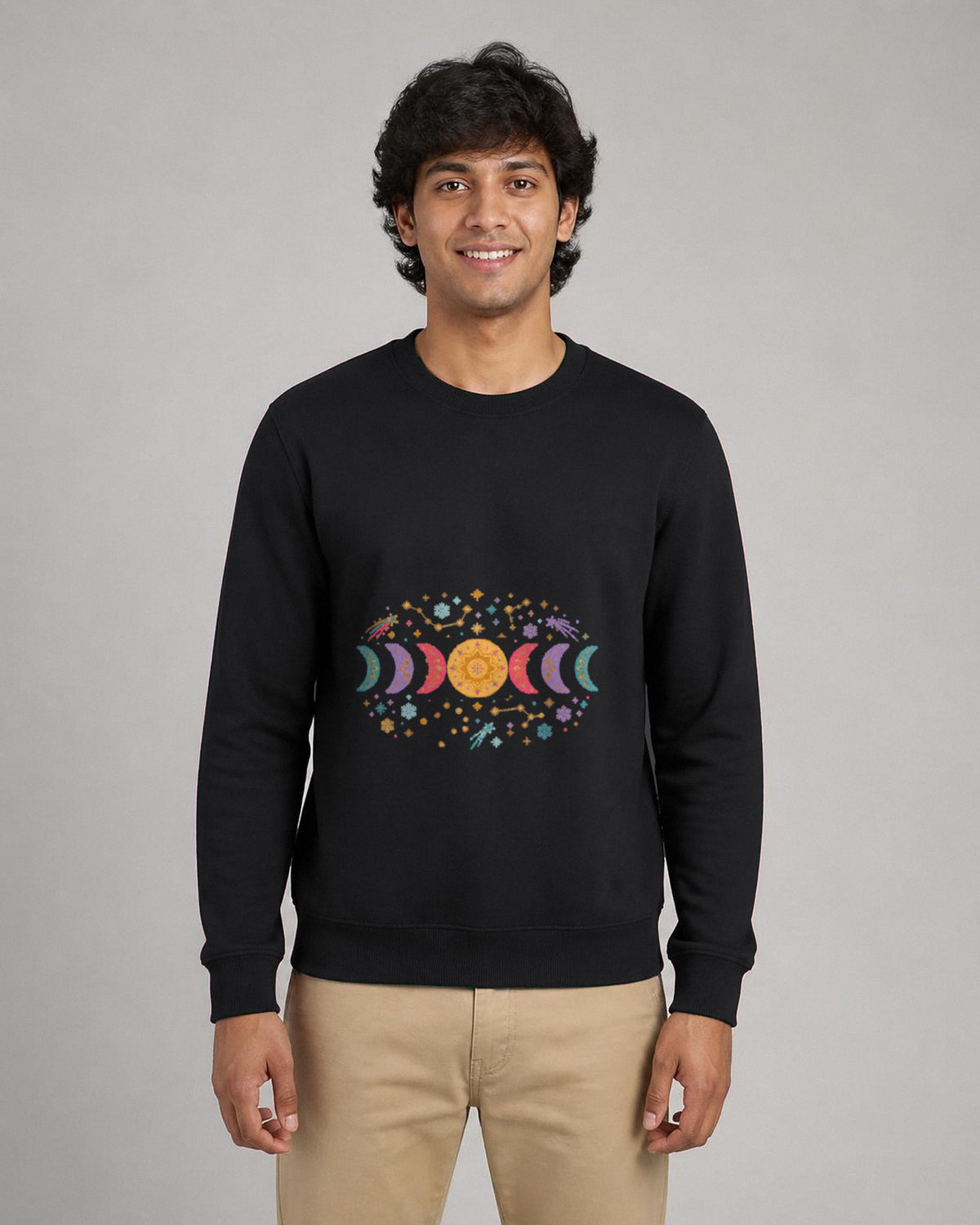 Moon Phase printed sweatshirt in Black worn by a model, Bonzo Peter's