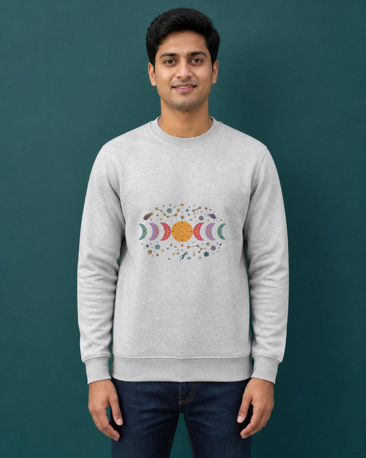Moon Phase printed sweatshirt in Grey Melange worn by a model, Bonzo Peter's