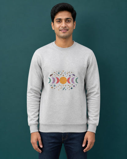 Moon Phase printed sweatshirt in Grey Melange worn by a model, Bonzo Peter's