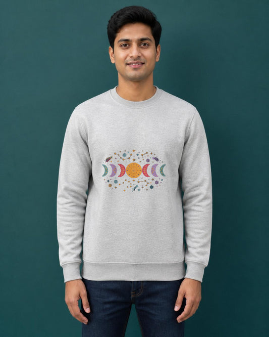 Moon Phase printed sweatshirt in Grey Melange worn by a model, Bonzo Peter's
