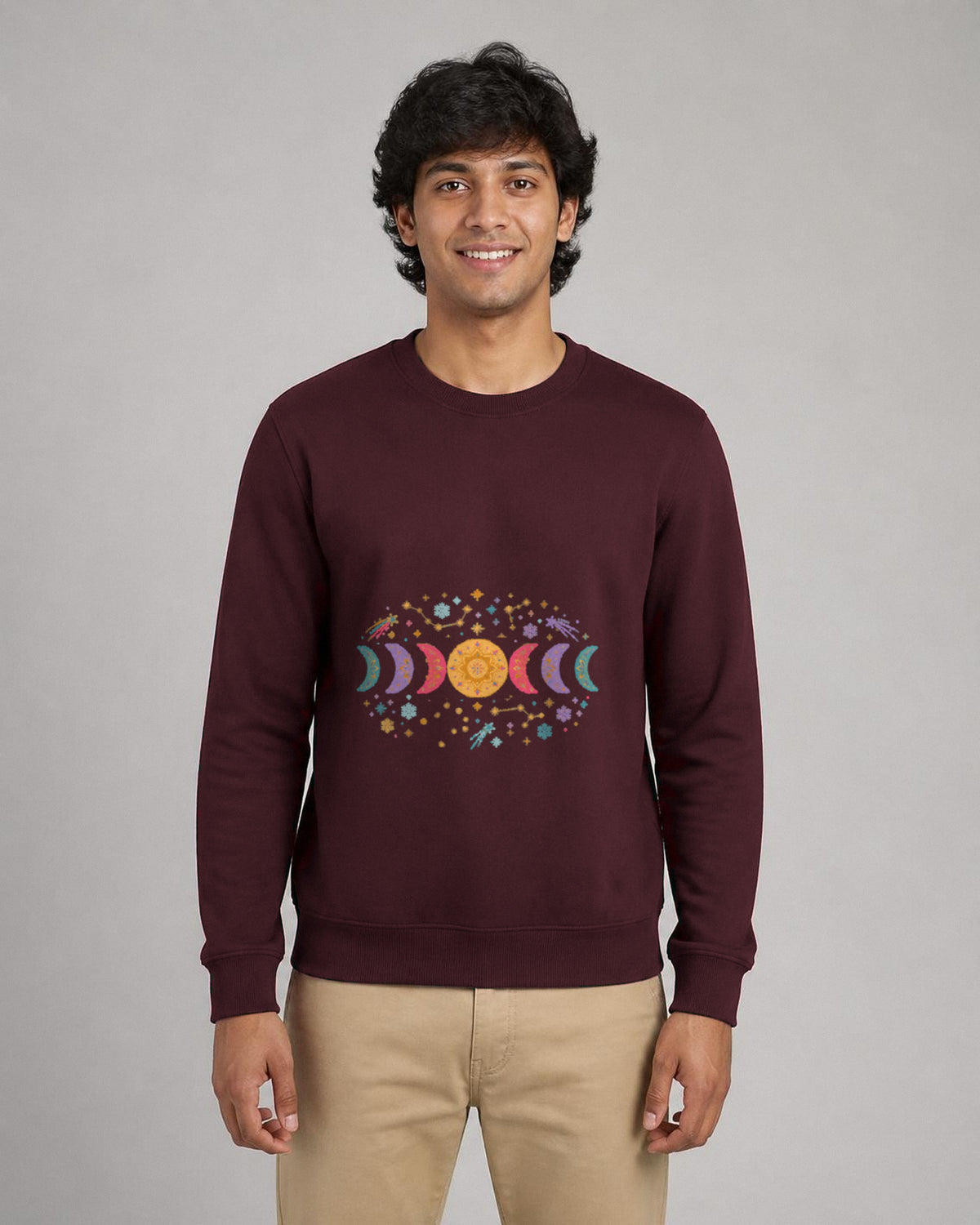 Moon Phase printed sweatshirt in Maroon worn by a model, Bonzo Peter's