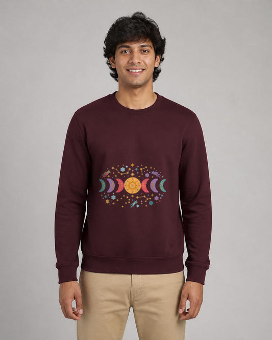 Moon Phase printed sweatshirt in Maroon worn by a model, Bonzo Peter's