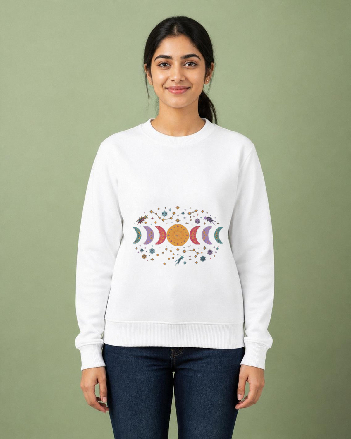 Moon Phase printed sweatshirt in White worn by a model, Bonzo Peter's