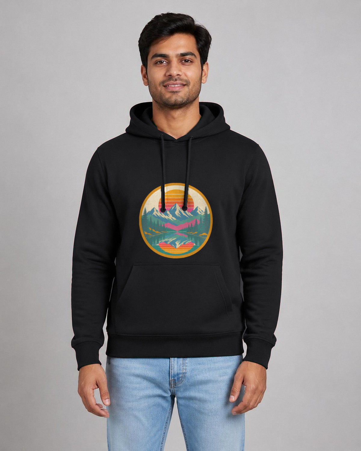 Retro Sunset Badge printed hoodie in Black worn by a model, Bonzo Peter's