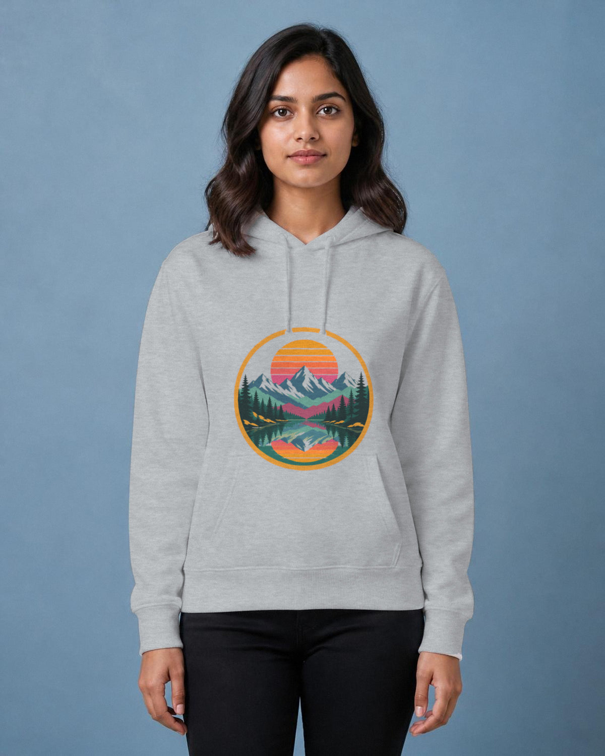 Retro Sunset Badge printed hoodie in Grey Melange worn by a model, Bonzo Peter's