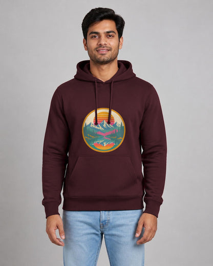 Retro Sunset Badge printed hoodie in Maroon worn by a model, Bonzo Peter's