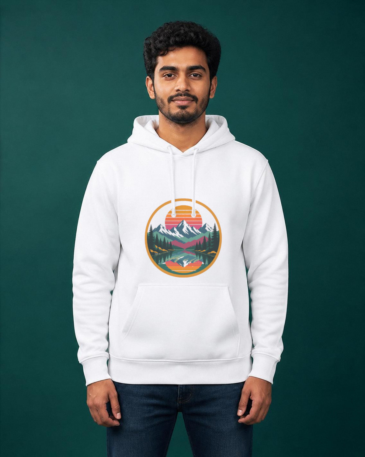 Retro Sunset Badge printed hoodie in White worn by a model, Bonzo Peter's