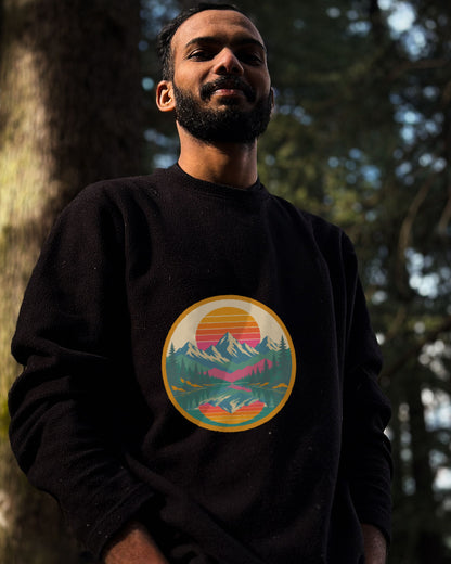 Retro Sunset Badge printed sweatshirt in Black worn by a model, Bonzo Peter's