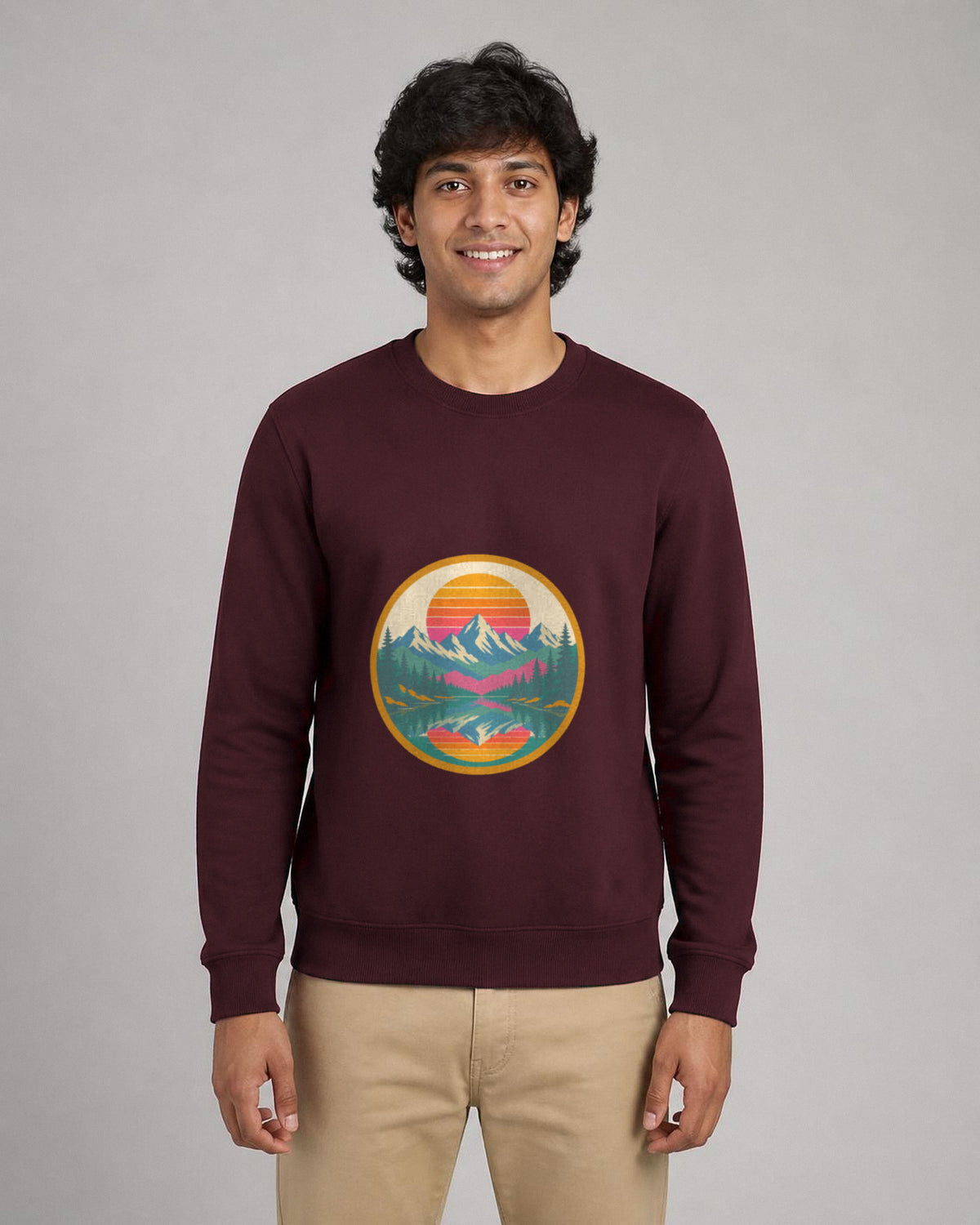 Retro Sunset Badge printed sweatshirt in Maroon worn by a model, Bonzo Peter's