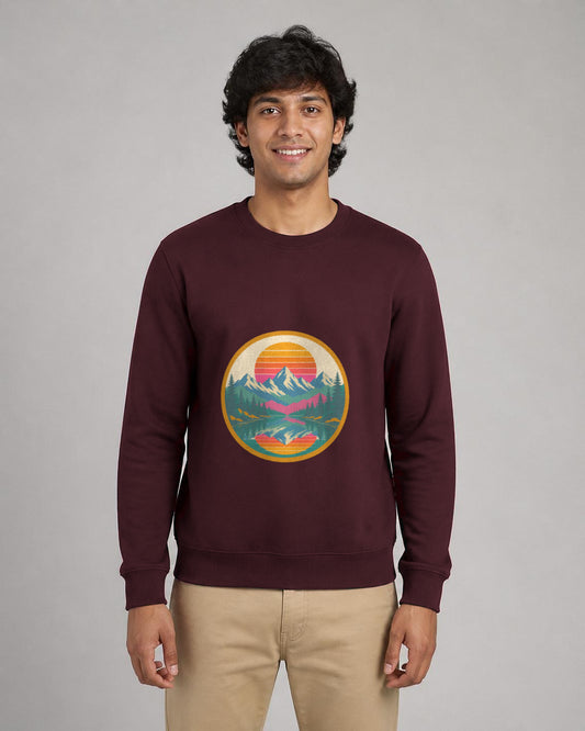 Retro Sunset Badge printed sweatshirt in Maroon worn by a model, Bonzo Peter's