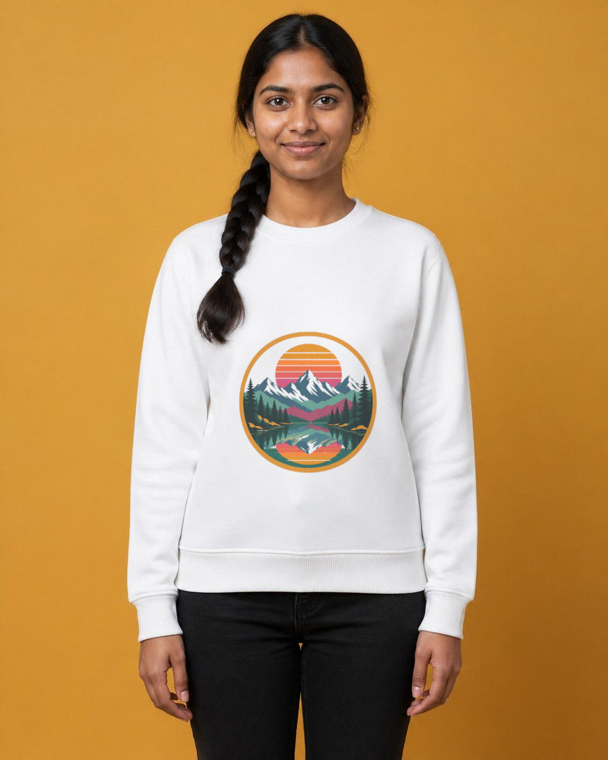 Retro Sunset Badge printed sweatshirt in White worn by a model, Bonzo Peter's