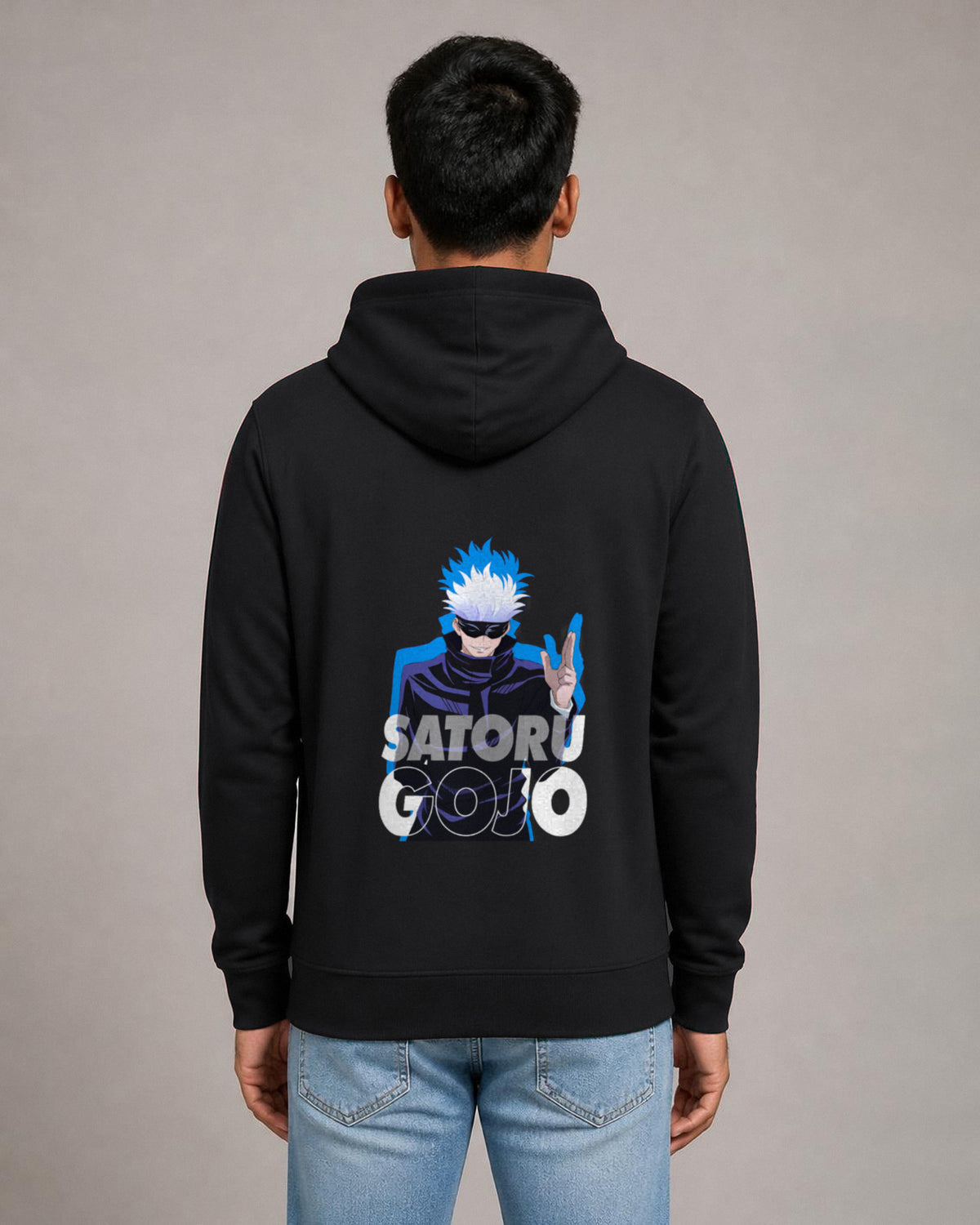 Satoru Gojo back print hoodie in Black worn by a model, Bonzo Peter's