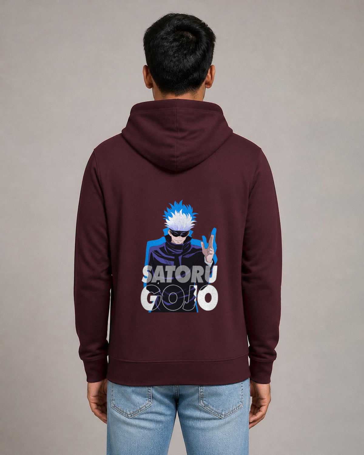 Satoru Gojo back print hoodie in Maroon worn by a model, Bonzo Peter's