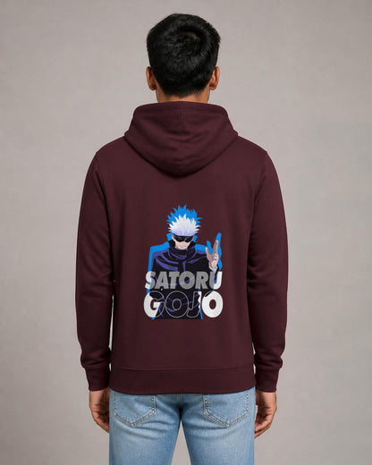 Satoru Gojo back print hoodie in Maroon worn by a model, Bonzo Peter's