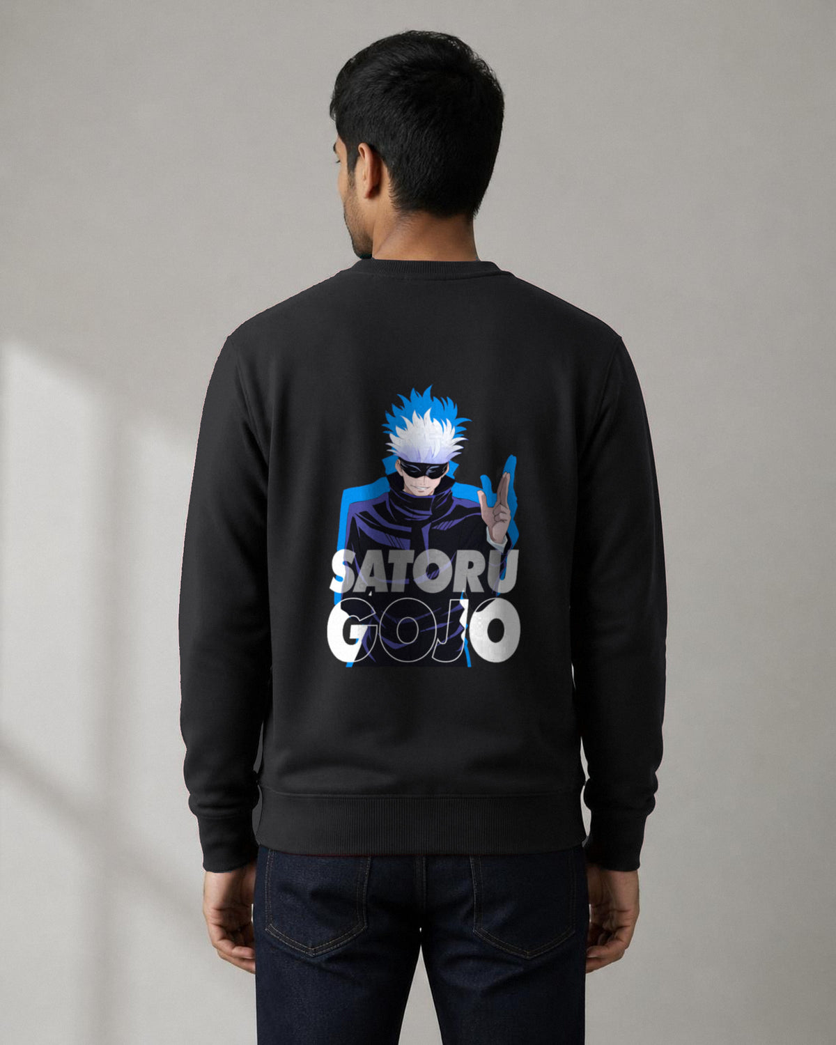 Satoru Gojo back print sweatshirt in Black worn by a model, Bonzo Peter's