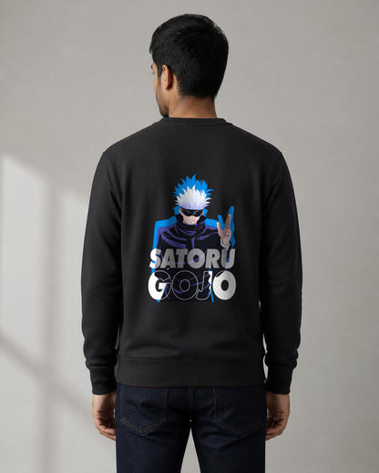 Satoru Gojo back print sweatshirt in Black worn by a model, Bonzo Peter's