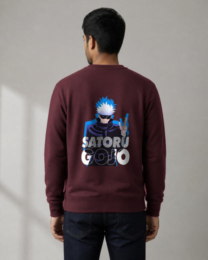 Satoru Gojo back print sweatshirt in Maroon worn by a model, Bonzo Peter's
