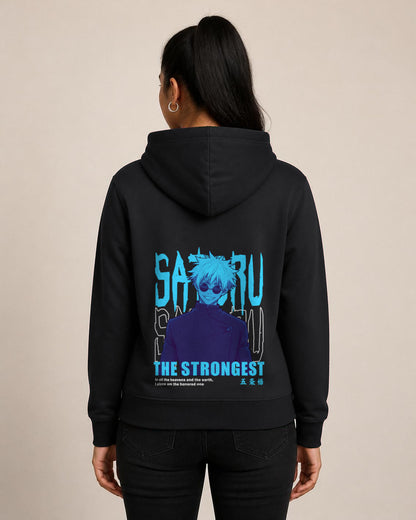 Satoru Gojo The Strongest back print hoodie in Black worn by a model, Bonzo Peter's