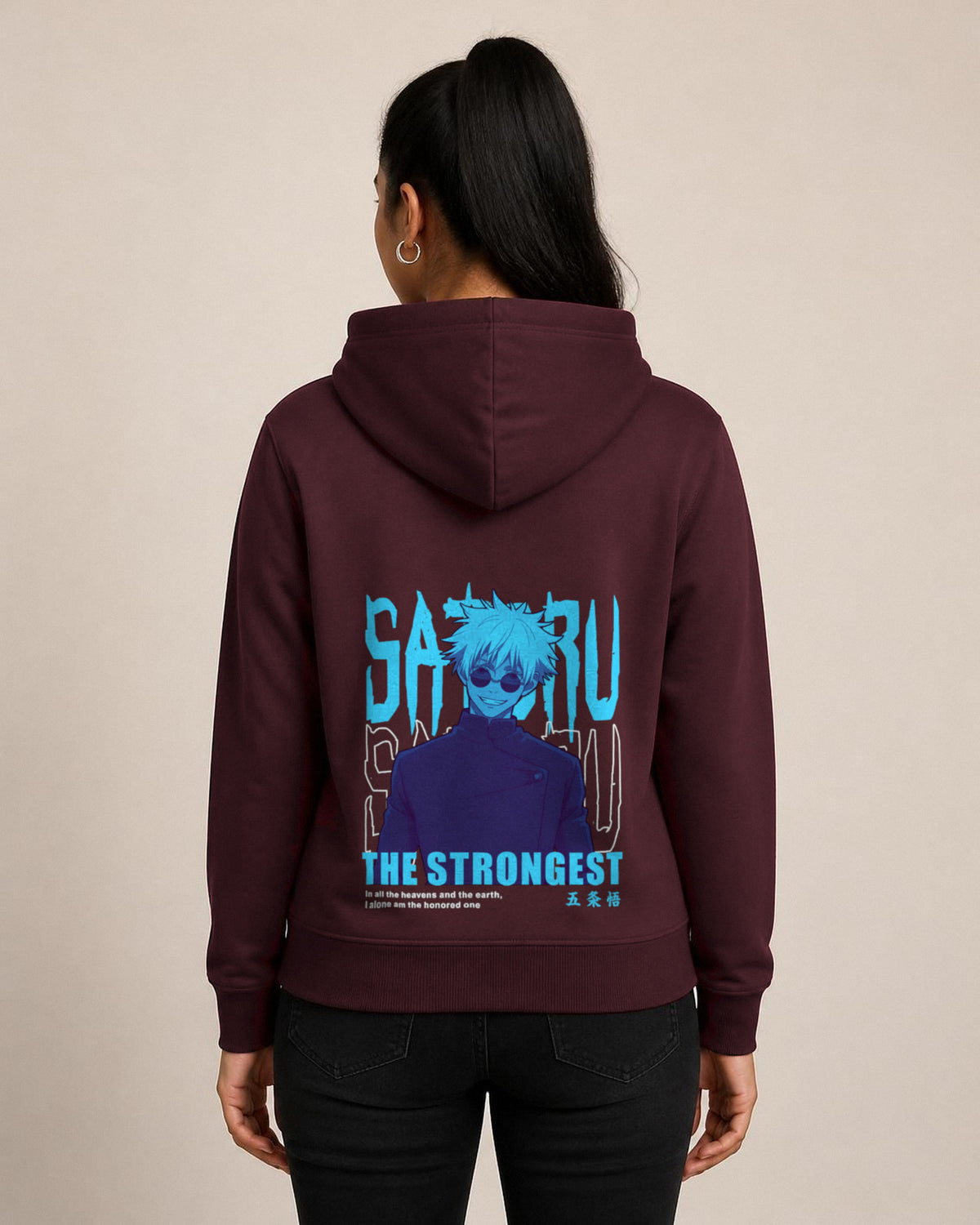 Satoru Gojo The Strongest back print hoodie in Maroon worn by a model, Bonzo Peter's