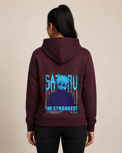 Satoru Gojo The Strongest back print hoodie in Maroon worn by a model, Bonzo Peter's