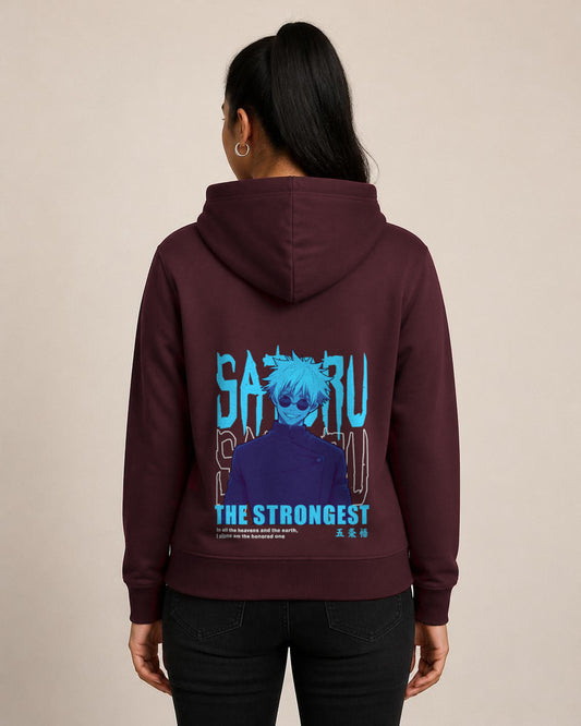 Satoru Gojo The Strongest back print hoodie in Maroon worn by a model, Bonzo Peter's