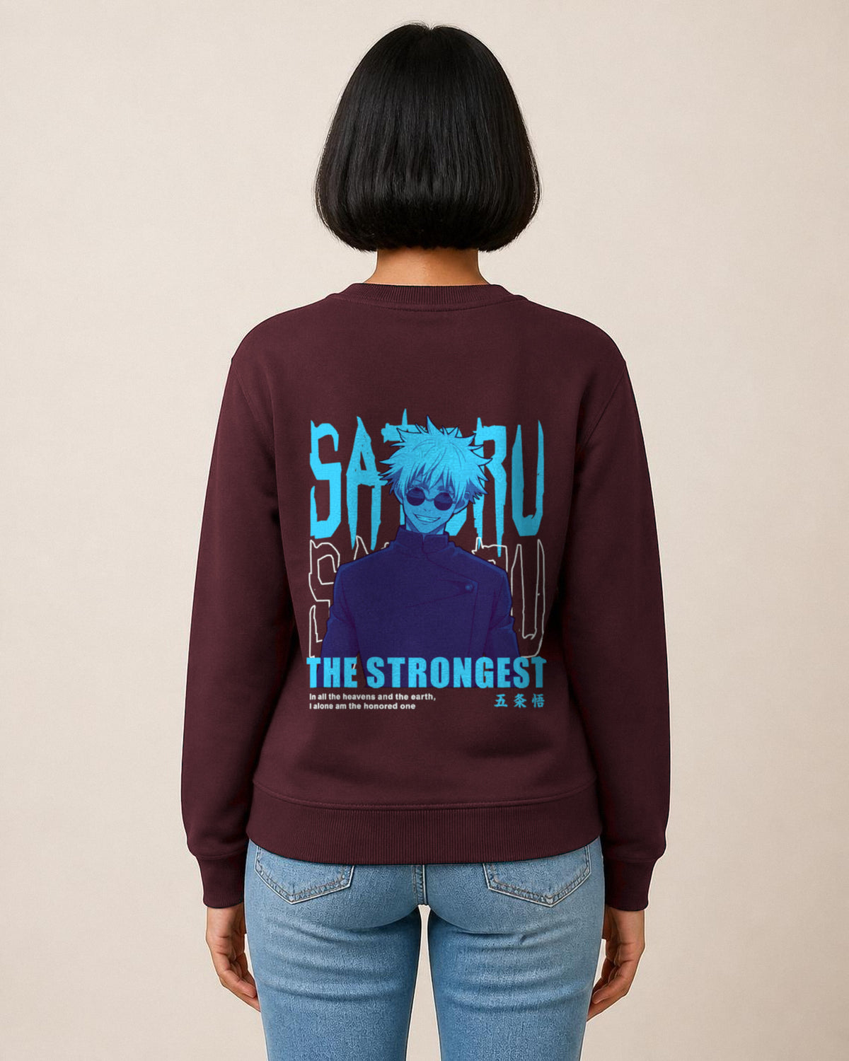 Satoru Gojo The Strongest back print sweatshirt in Maroon worn by a model, Bonzo Peter's