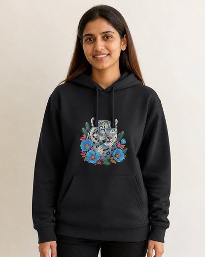 Snow Leopard printed hoodie in Black worn by a model, Bonzo Peter's