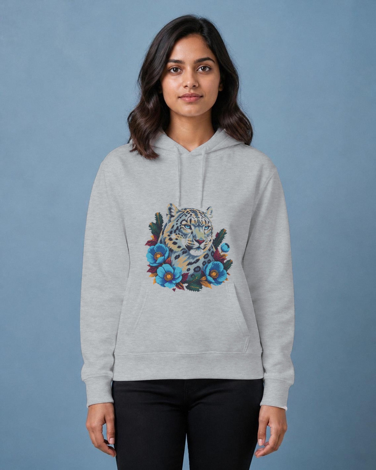 Snow Leopard printed hoodie in Grey Melange worn by a model, Bonzo Peter's