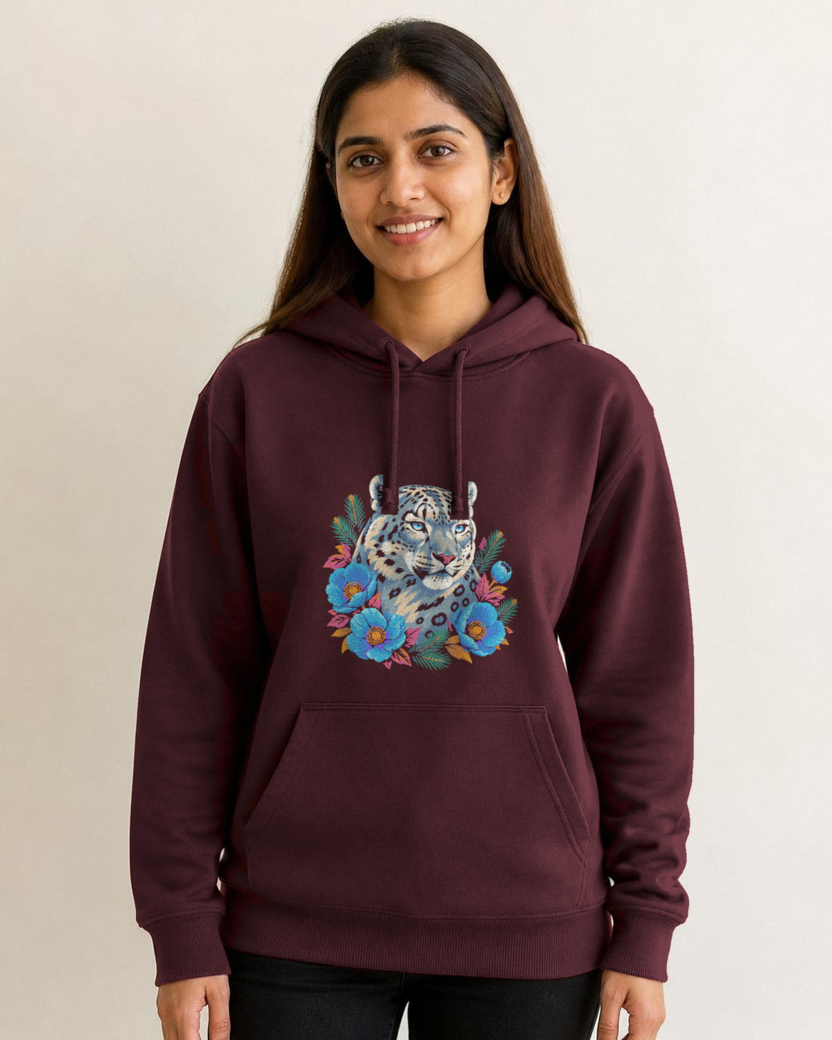 Snow Leopard printed hoodie in Maroon worn by a model, Bonzo Peter's