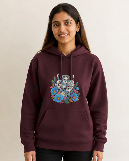 Snow Leopard printed hoodie in Maroon worn by a model, Bonzo Peter's