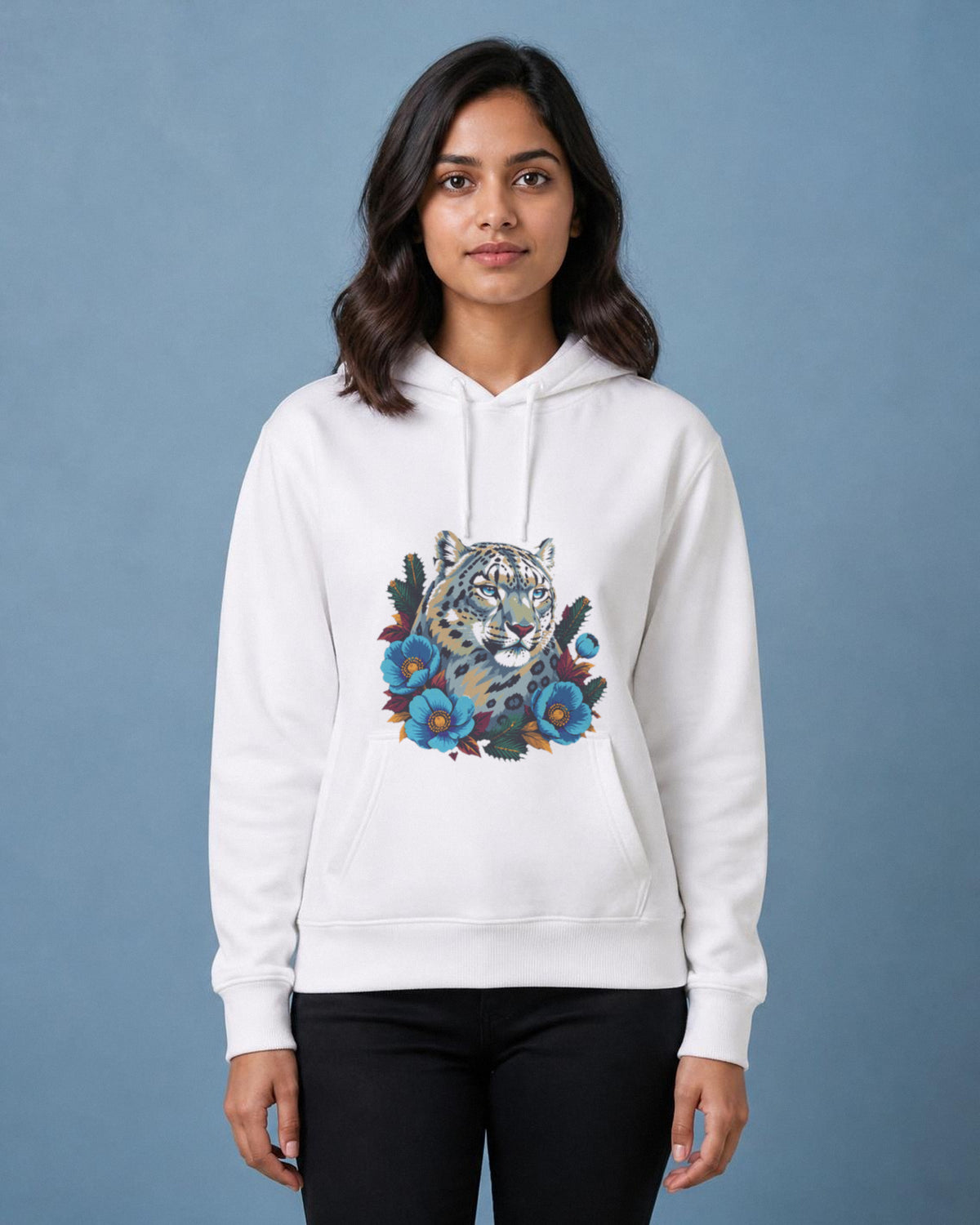 Snow Leopard printed hoodie in White worn by a model, Bonzo Peter's