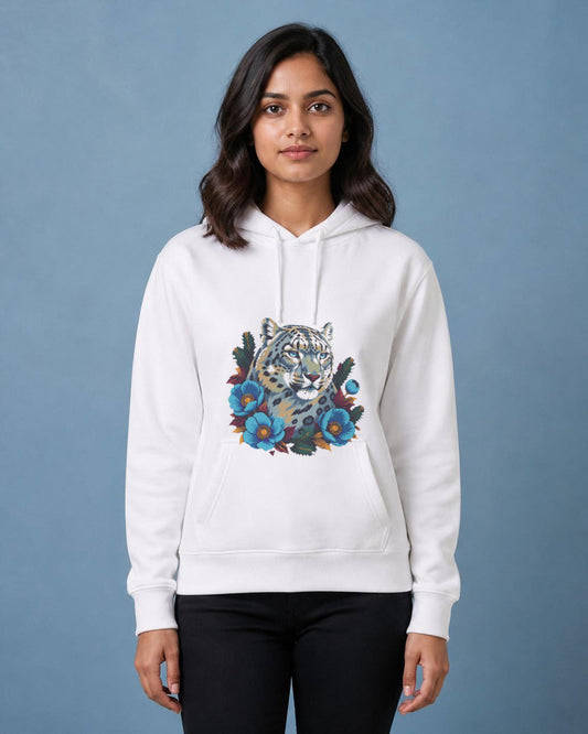 Snow Leopard printed hoodie in White worn by a model, Bonzo Peter's