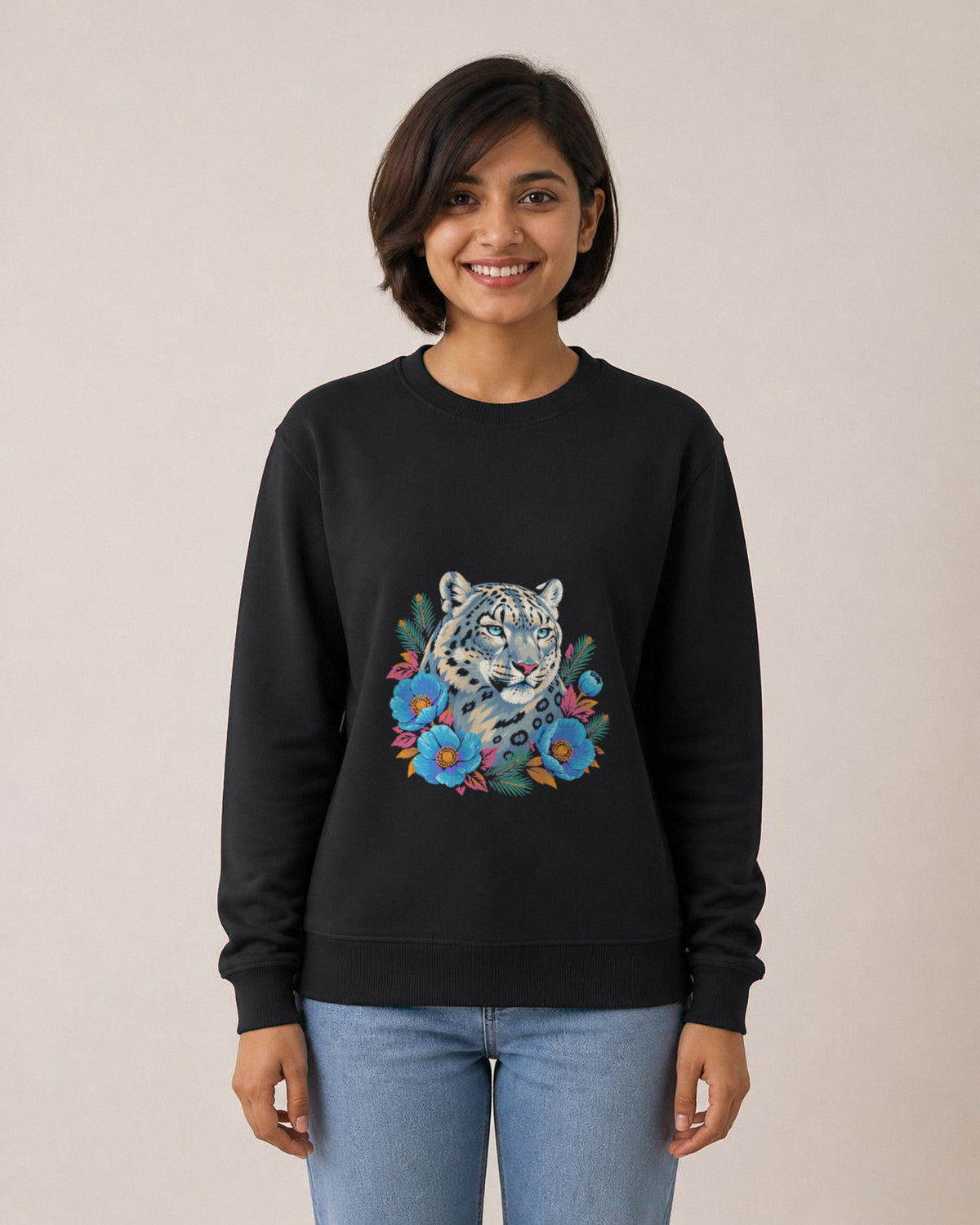 Snow Leopard printed sweatshirt in Black worn by a model, Bonzo Peter's