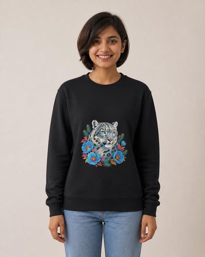 Snow Leopard printed sweatshirt in Black worn by a model, Bonzo Peter's