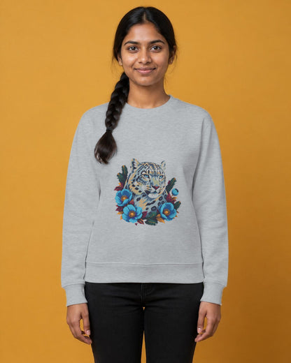 Snow Leopard printed sweatshirt in Grey Melange worn by a model, Bonzo Peter's