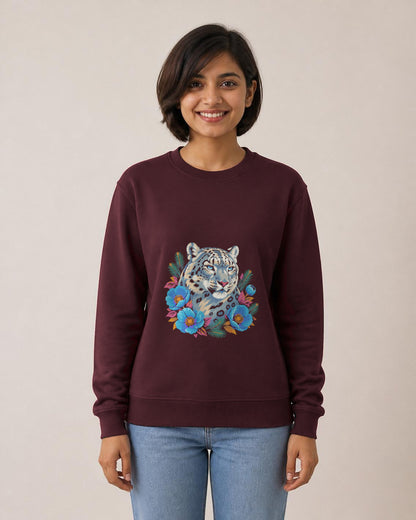 Snow Leopard printed sweatshirt in Maroon worn by a model, Bonzo Peter's