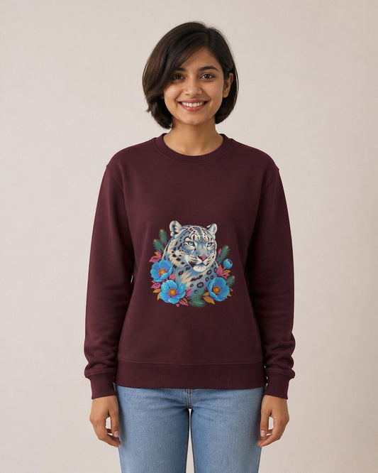 Snow Leopard printed sweatshirt in Maroon worn by a model, Bonzo Peter's