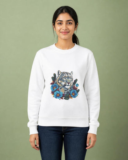 Snow Leopard printed sweatshirt in White worn by a model, Bonzo Peter's
