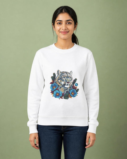 Snow Leopard printed sweatshirt in White worn by a model, Bonzo Peter's