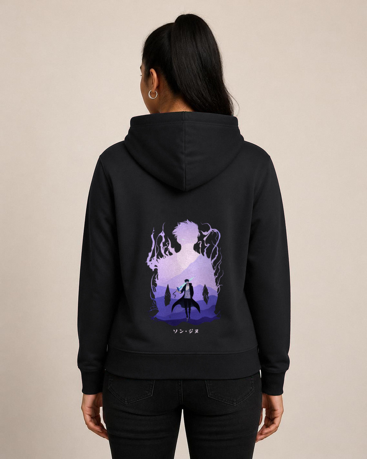 Solo Leveling Silhouette back print hoodie in Black worn by a model, Bonzo Peter's