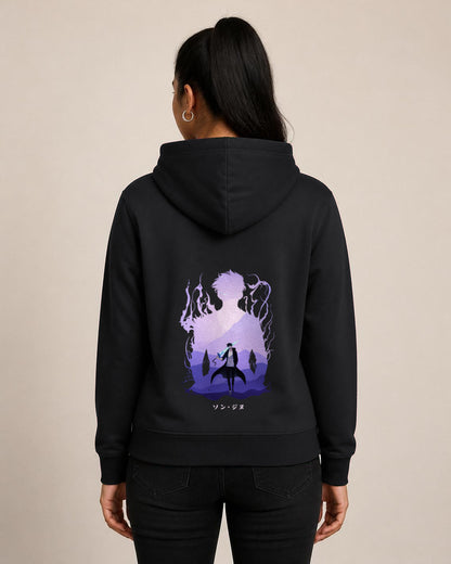 Solo Leveling Silhouette back print hoodie in Black worn by a model, Bonzo Peter's