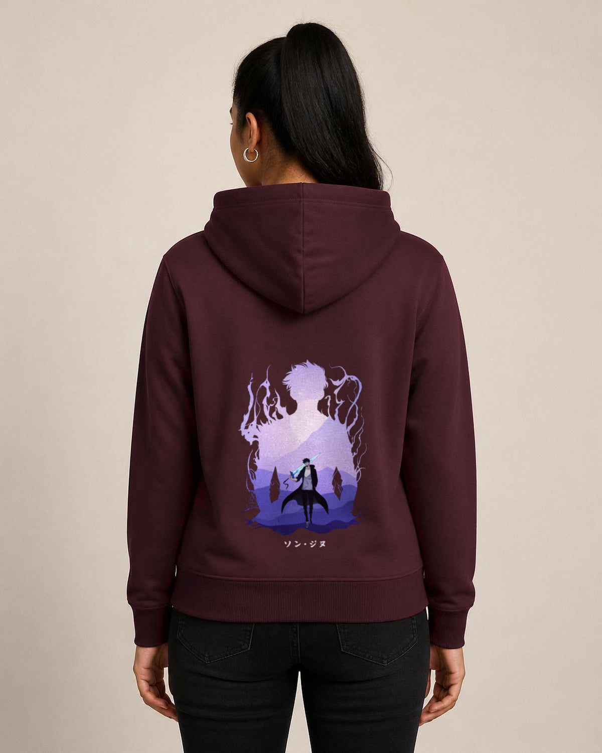 Solo Leveling Silhouette back print hoodie in Maroon worn by a model, Bonzo Peter's