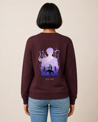 Solo Leveling Silhouette back print sweatshirt in Maroon worn by a model, Bonzo Peter's