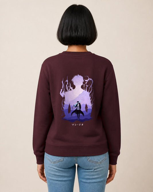 Solo Leveling Silhouette back print sweatshirt in Maroon worn by a model, Bonzo Peter's