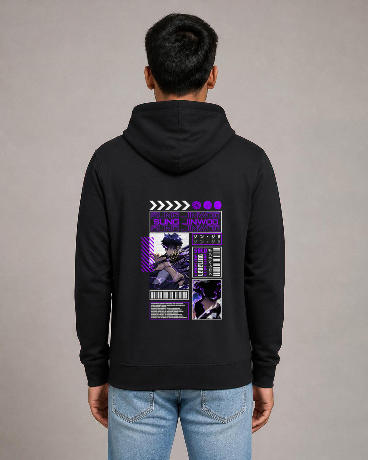 Sung Jinwoo back print hoodie in Black worn by a model, Bonzo Peter's