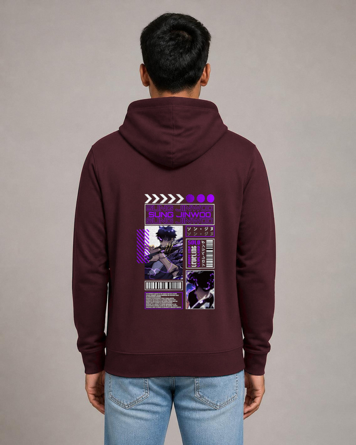Sung Jinwoo back print hoodie in Maroon worn by a model, Bonzo Peter's