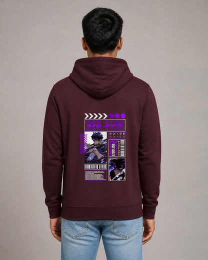 Sung Jinwoo back print hoodie in Maroon worn by a model, Bonzo Peter's