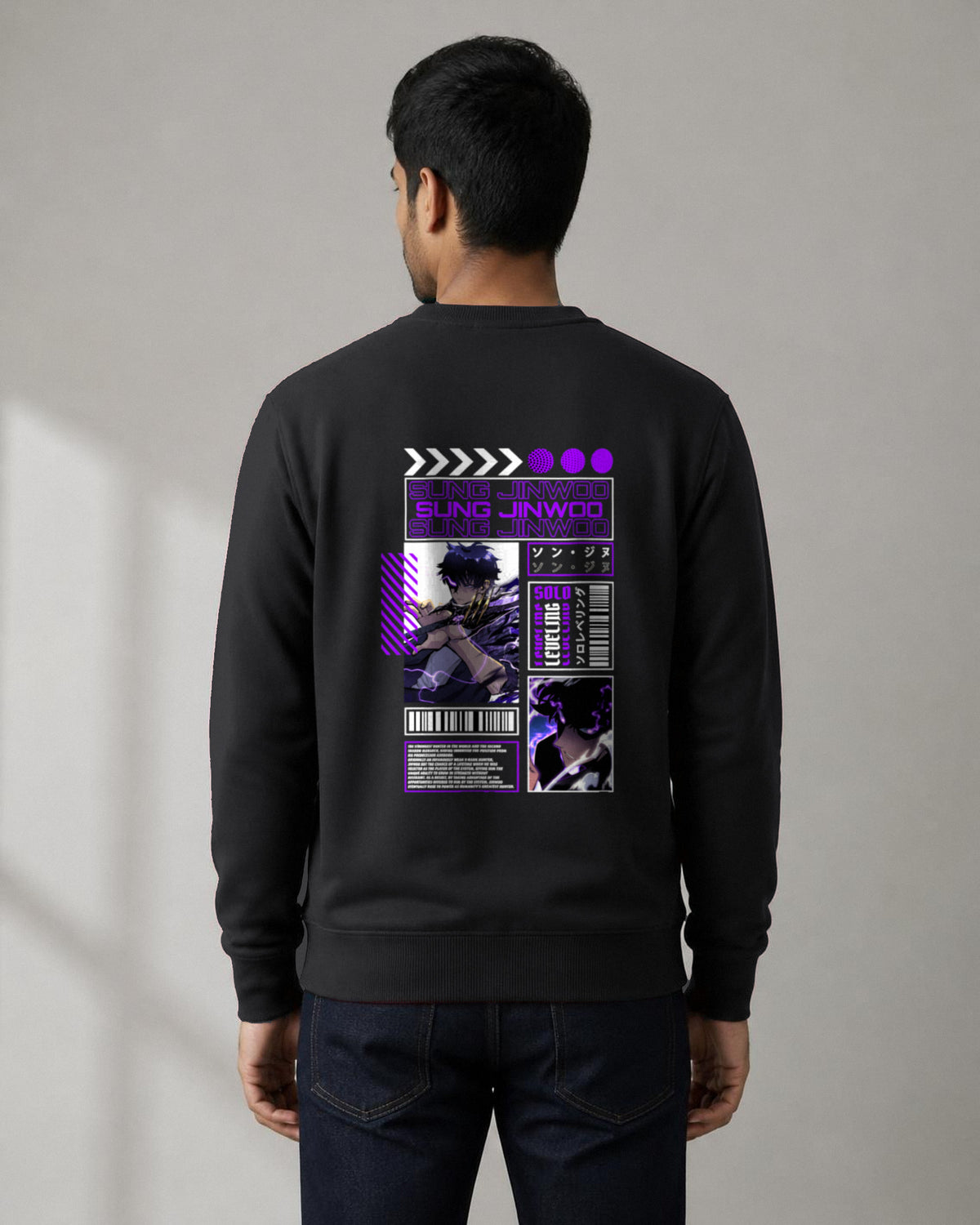 Sung Jinwoo back print sweatshirt in Black worn by a model, Bonzo Peter's