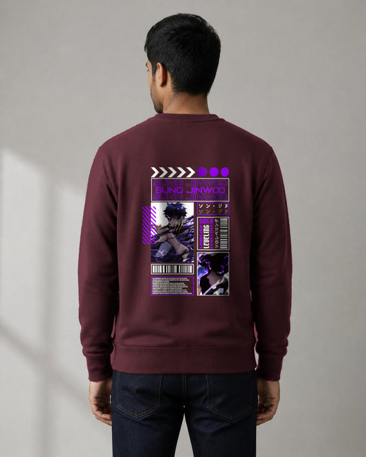 Sung Jinwoo back print sweatshirt in Maroon worn by a model, Bonzo Peter's