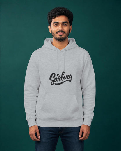 Surfing printed hoodie in Grey Melange worn by a model, Bonzo Peter's